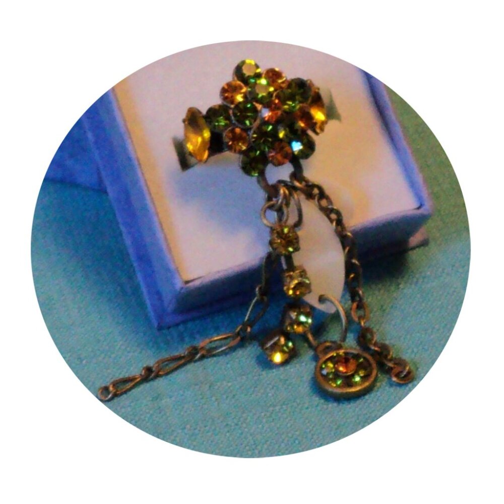 VTG NWOT Girls Women’s Orange Green Rhinestone Adjustable Vintage Copper Ring